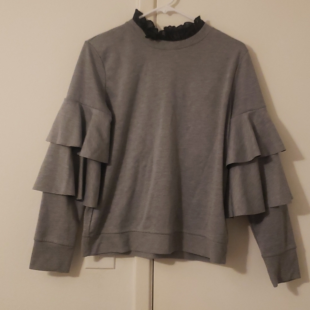 Chelsea28 Gray Ruffle Sleeve Blouse Mock Neck Lace Trim Feminine Chic - Picture 2 of 8